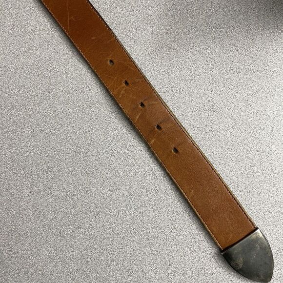Vtg Another Line Leather Belt Brown Distressed 1.5" Made in USA Copper? Buckle - Picture 6 of 10